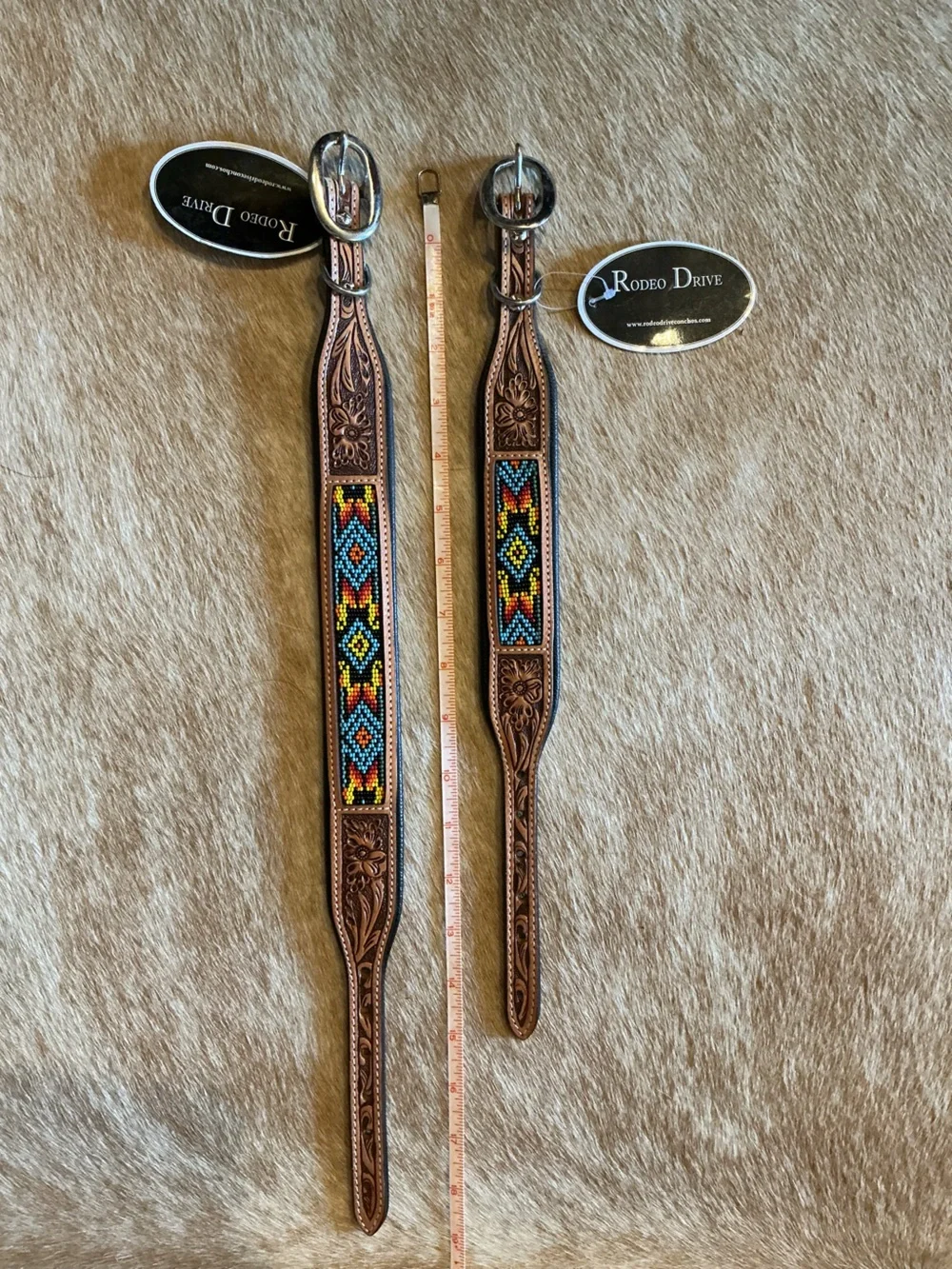 Brown Leather Beaded Dog Collar - Multicolor Bead Inlay